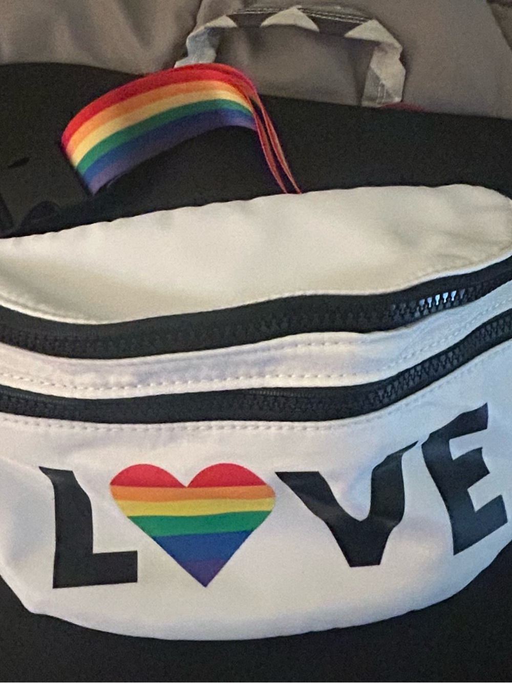 Claire's White Waist Bag with Rainbow Heart Accent